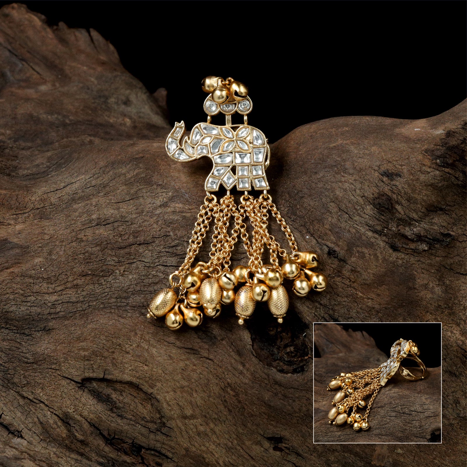 Majestic Elephant Form Jadau Finger Ring with Chain Drop Hangings