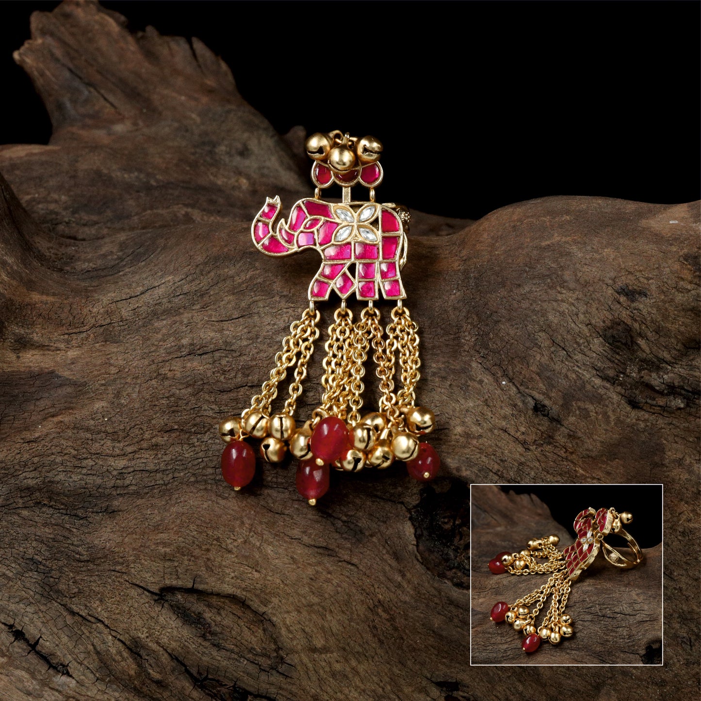 Majestic Elephant Form Jadau Finger Ring with Chain Drop Hangings