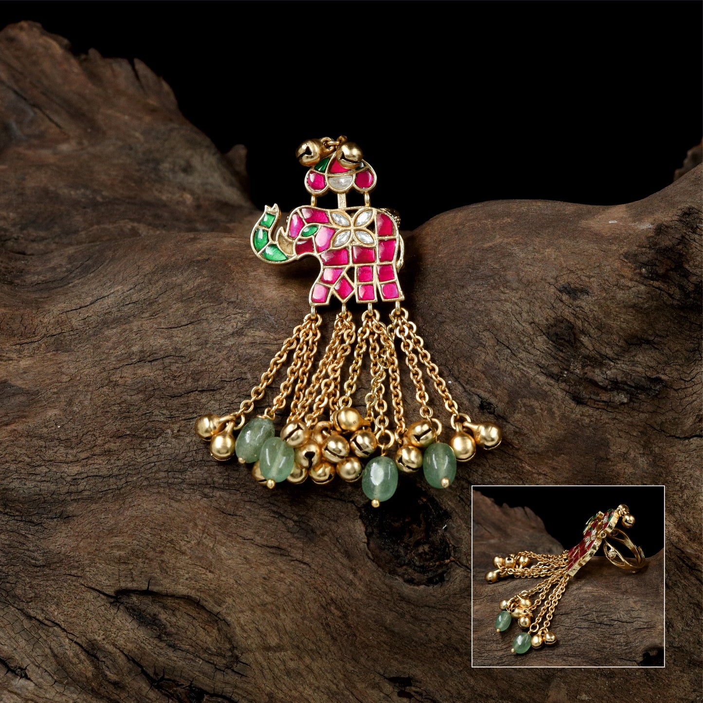 Majestic Elephant Form Jadau Finger Ring with Chain Drop Hangings