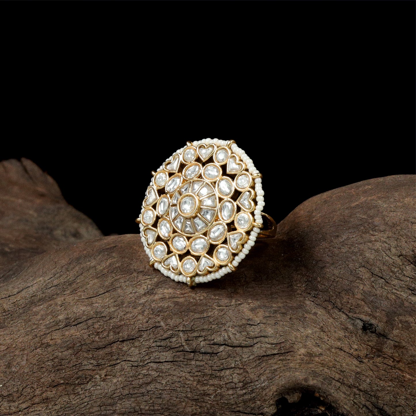 Intricate Concentric Jadau Finger Ring with Central Raised Setting