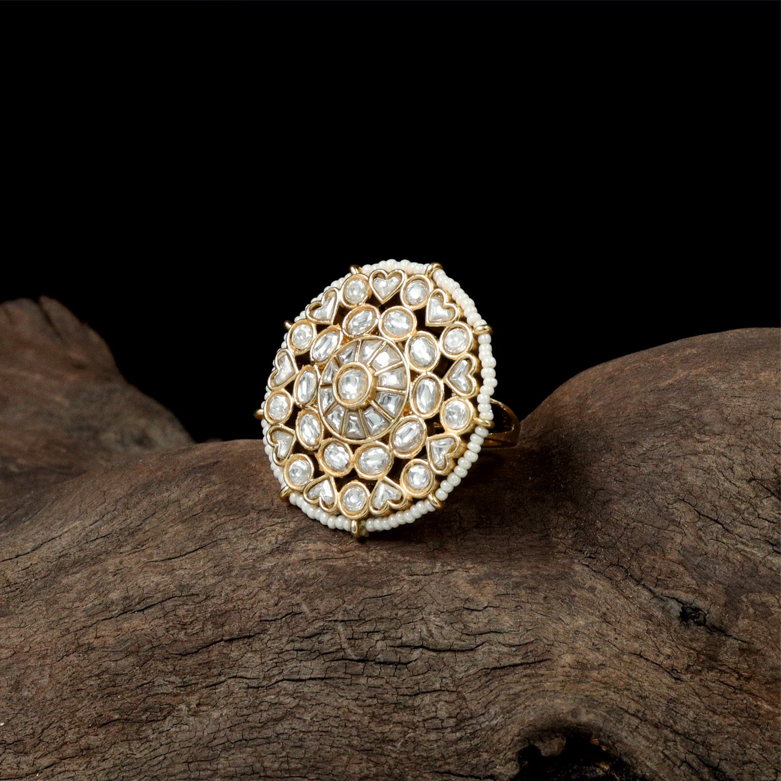 Intricate Concentric Jadau Finger Ring with Central Raised Setting