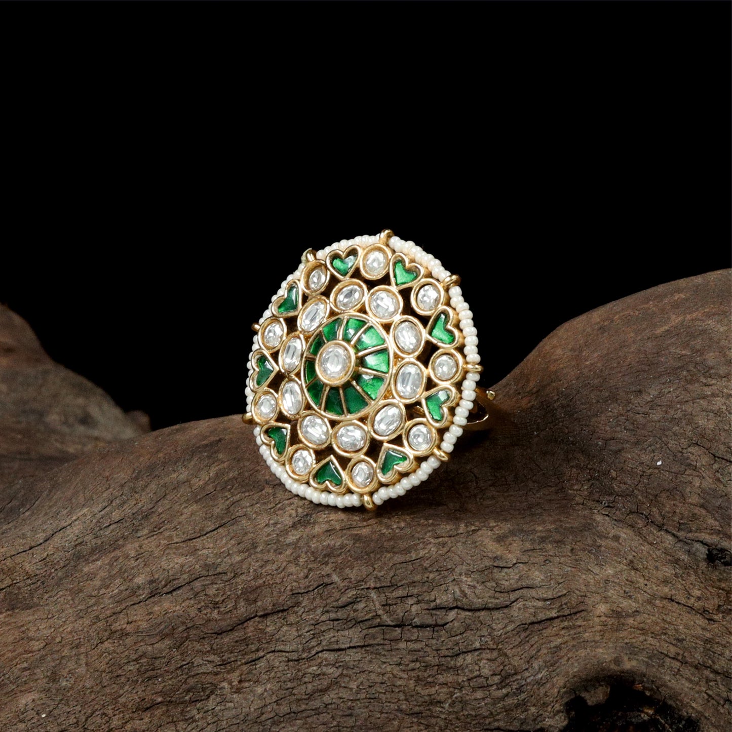 Intricate Concentric Jadau Finger Ring with Central Raised Setting