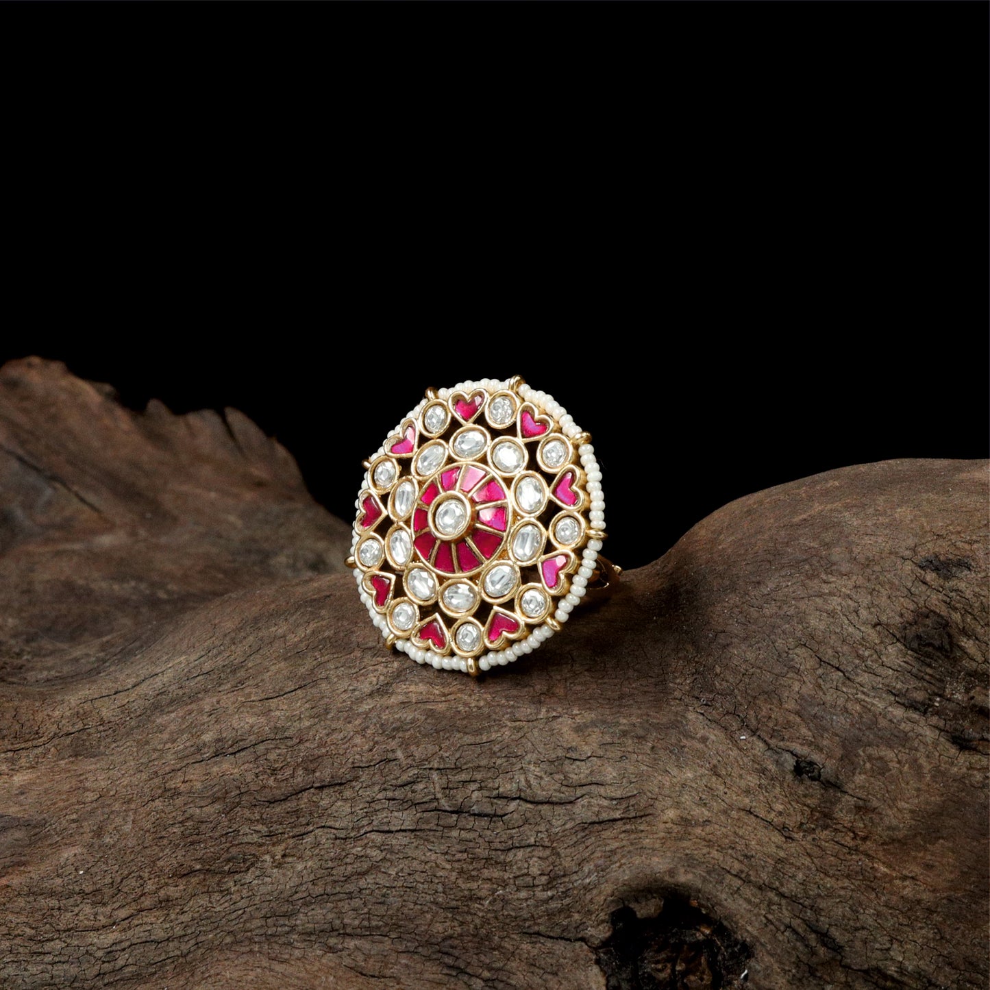 Intricate Concentric Jadau Finger Ring with Central Raised Setting