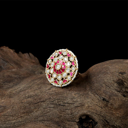 Intricate Concentric Jadau Finger Ring with Central Raised Setting