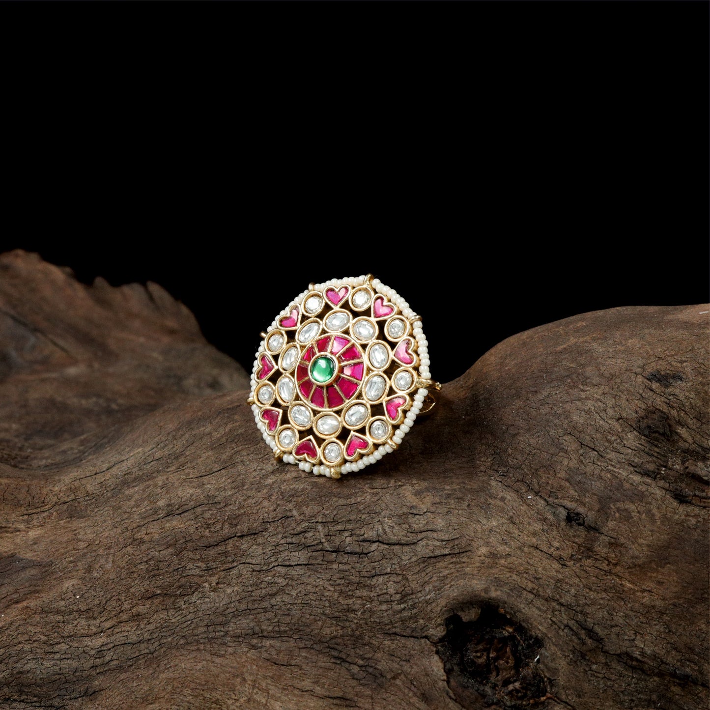 Intricate Concentric Jadau Finger Ring with Central Raised Setting