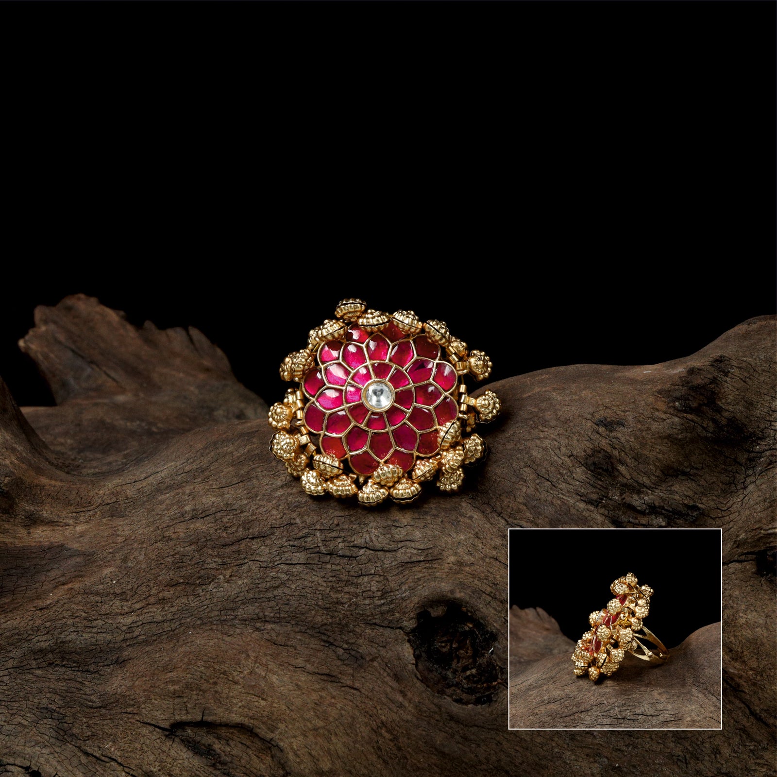 Radiant Floral Cluster Jadau Finger Ring with Circular Petal Layout
