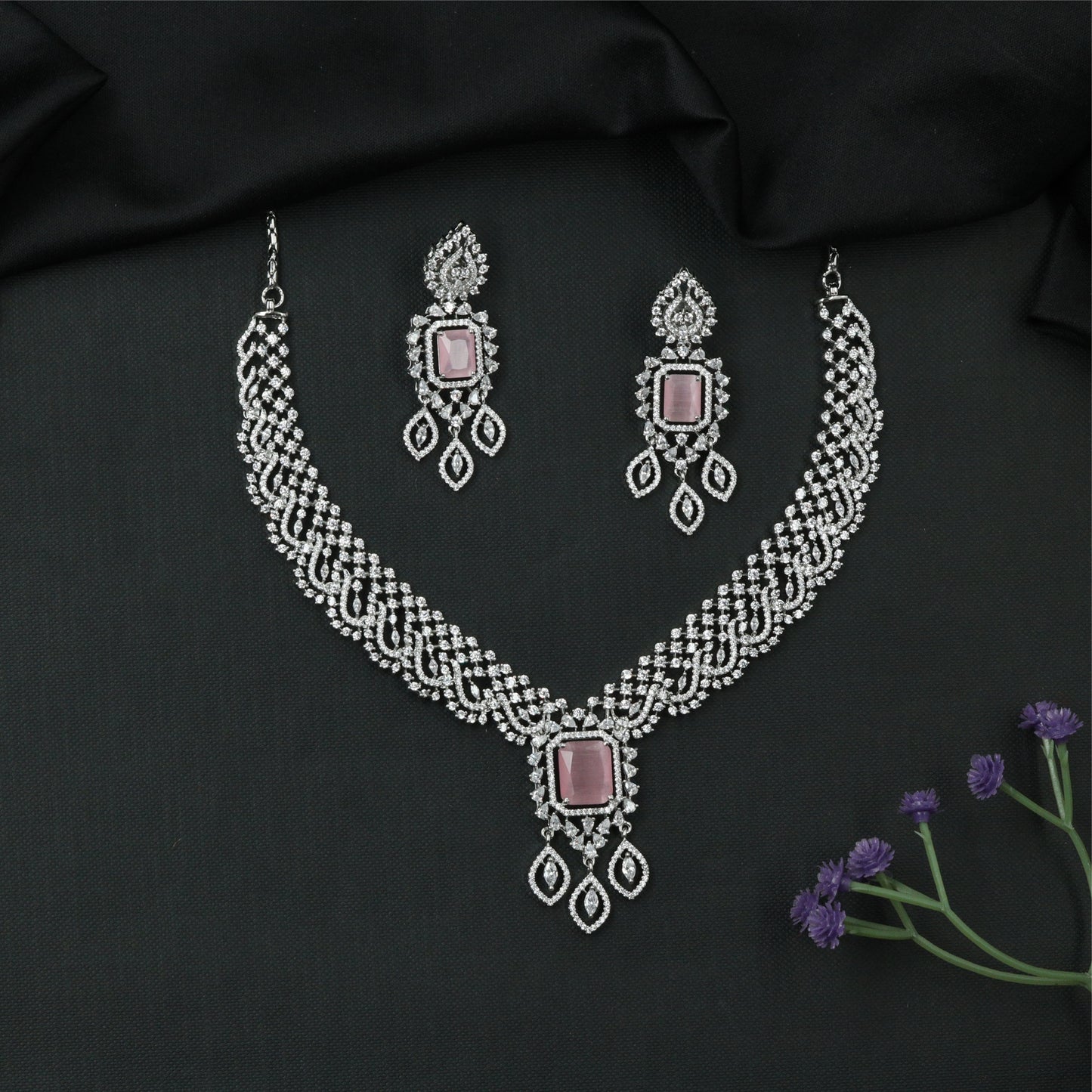 Mesh weave rhodium necklace with structured panels and square drop pendant