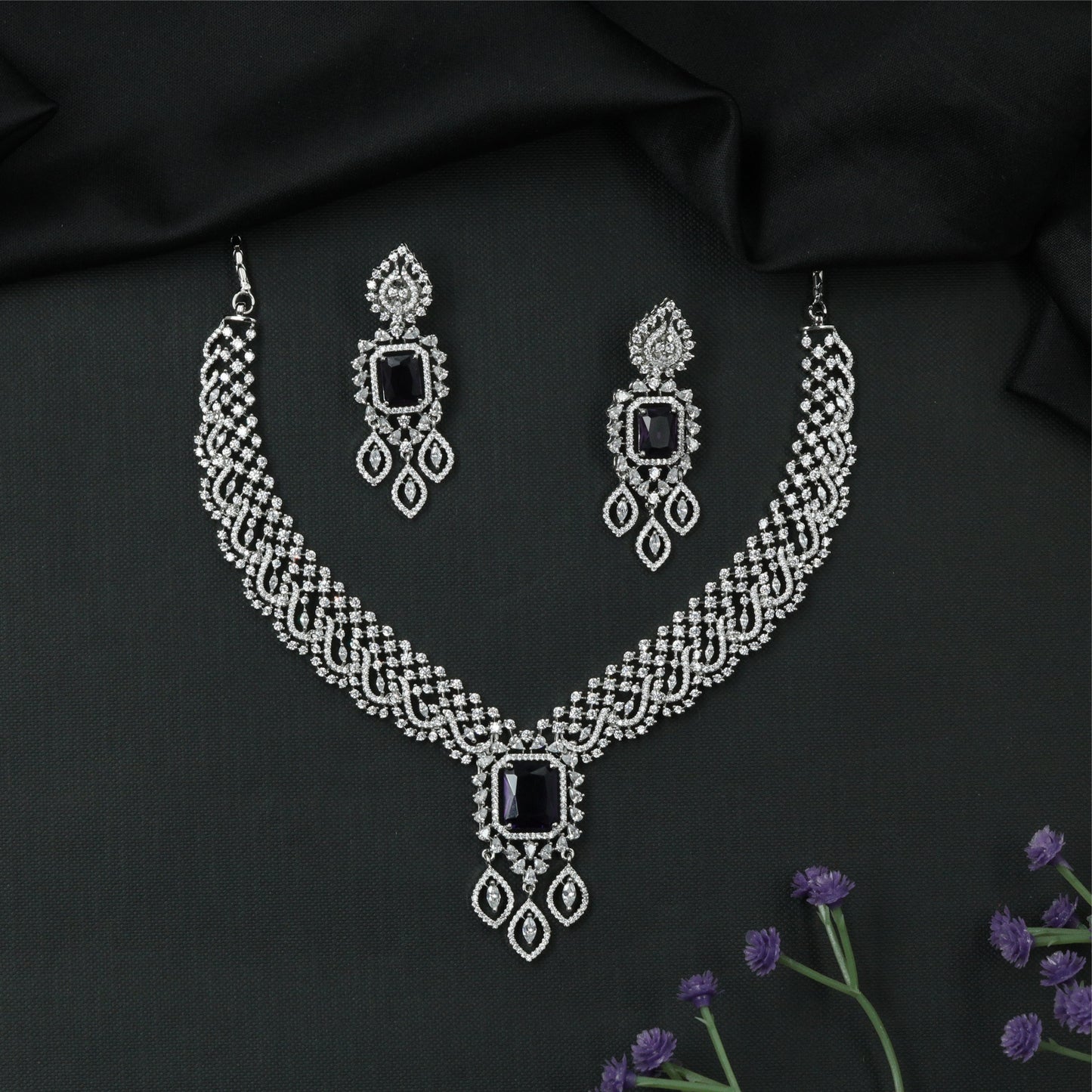 Mesh weave rhodium necklace with structured panels and square drop pendant