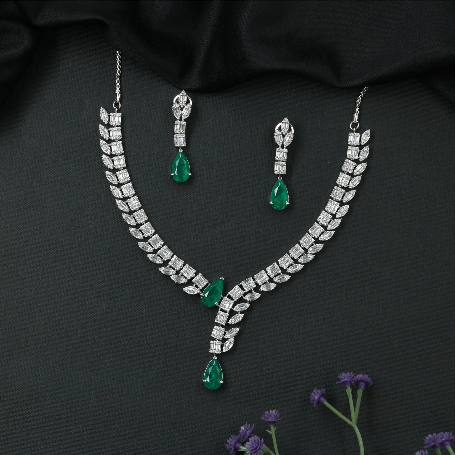 Sleek V Curve Rhodium Necklace with Structured Link Rows and Drop Pendant