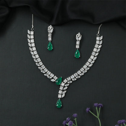 Sleek V Curve Rhodium Necklace with Structured Link Rows and Drop Pendant