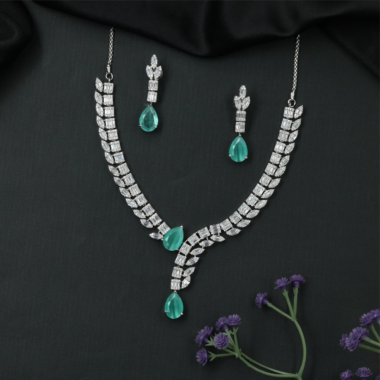 Sleek V Curve Rhodium Necklace with Structured Link Rows and Drop Pendant