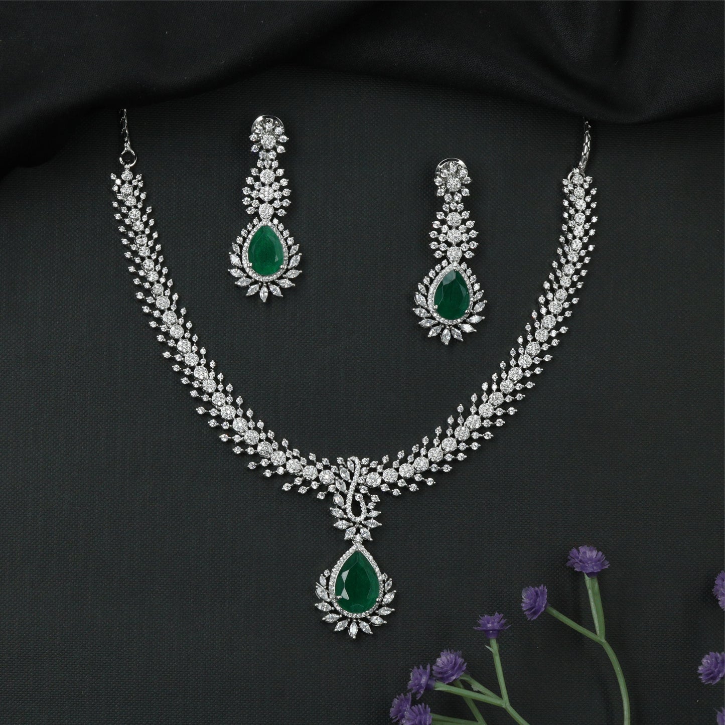Glissara Curve Necklace with Fine Cluster Rows and Central Hanging Drop