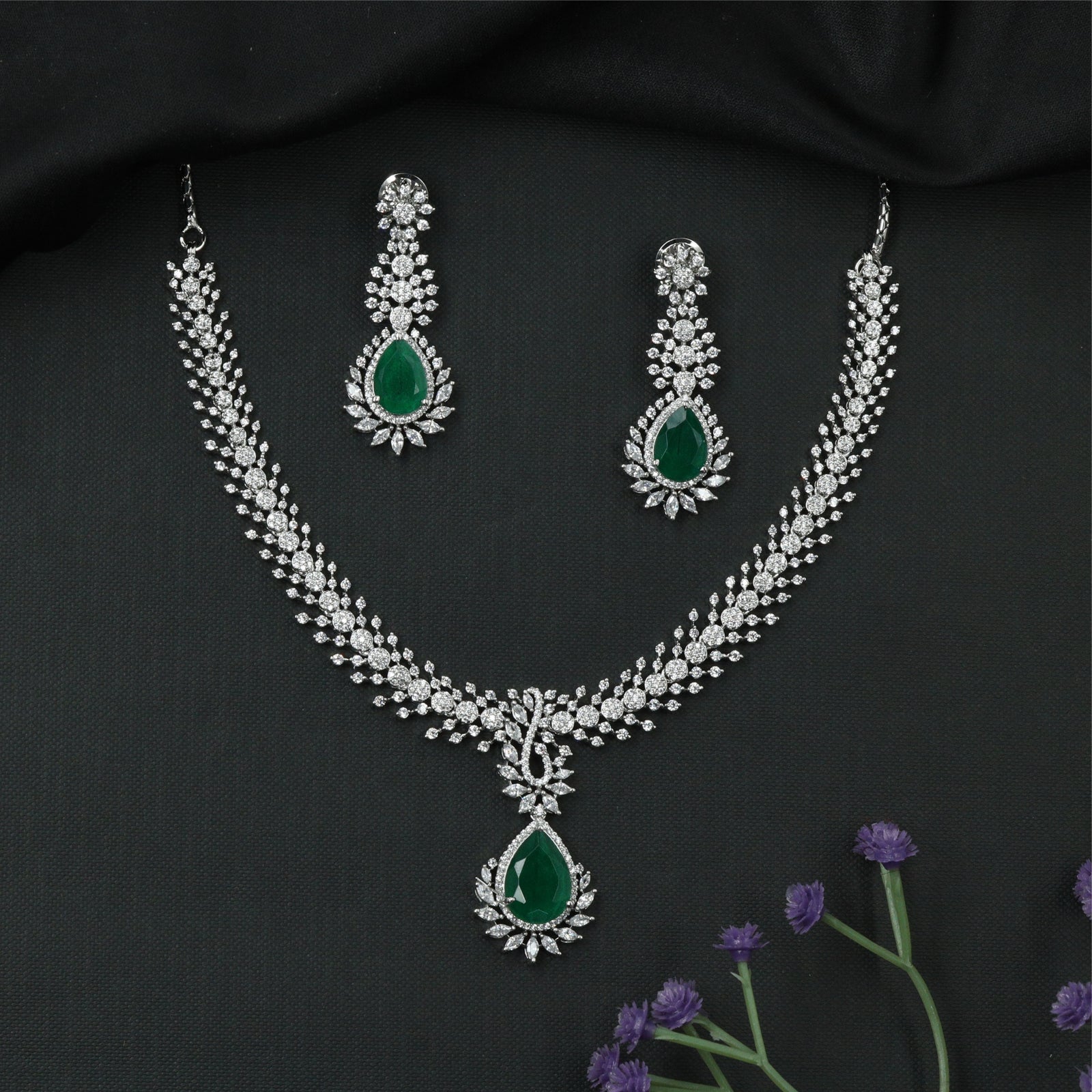 Glissara Curve Necklace with Fine Cluster Rows and Central Hanging Drop