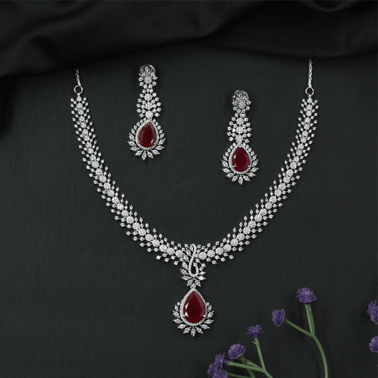 Glissara Curve Necklace with Fine Cluster Rows and Central Hanging Drop