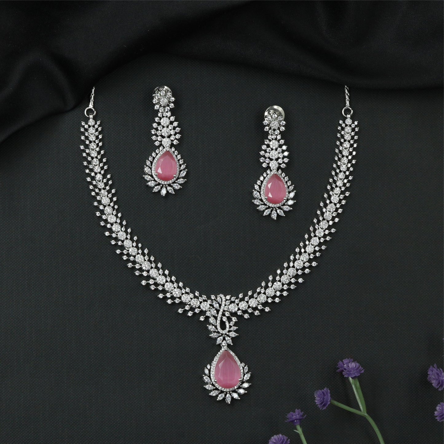 Glissara Curve Necklace with Fine Cluster Rows and Central Hanging Drop