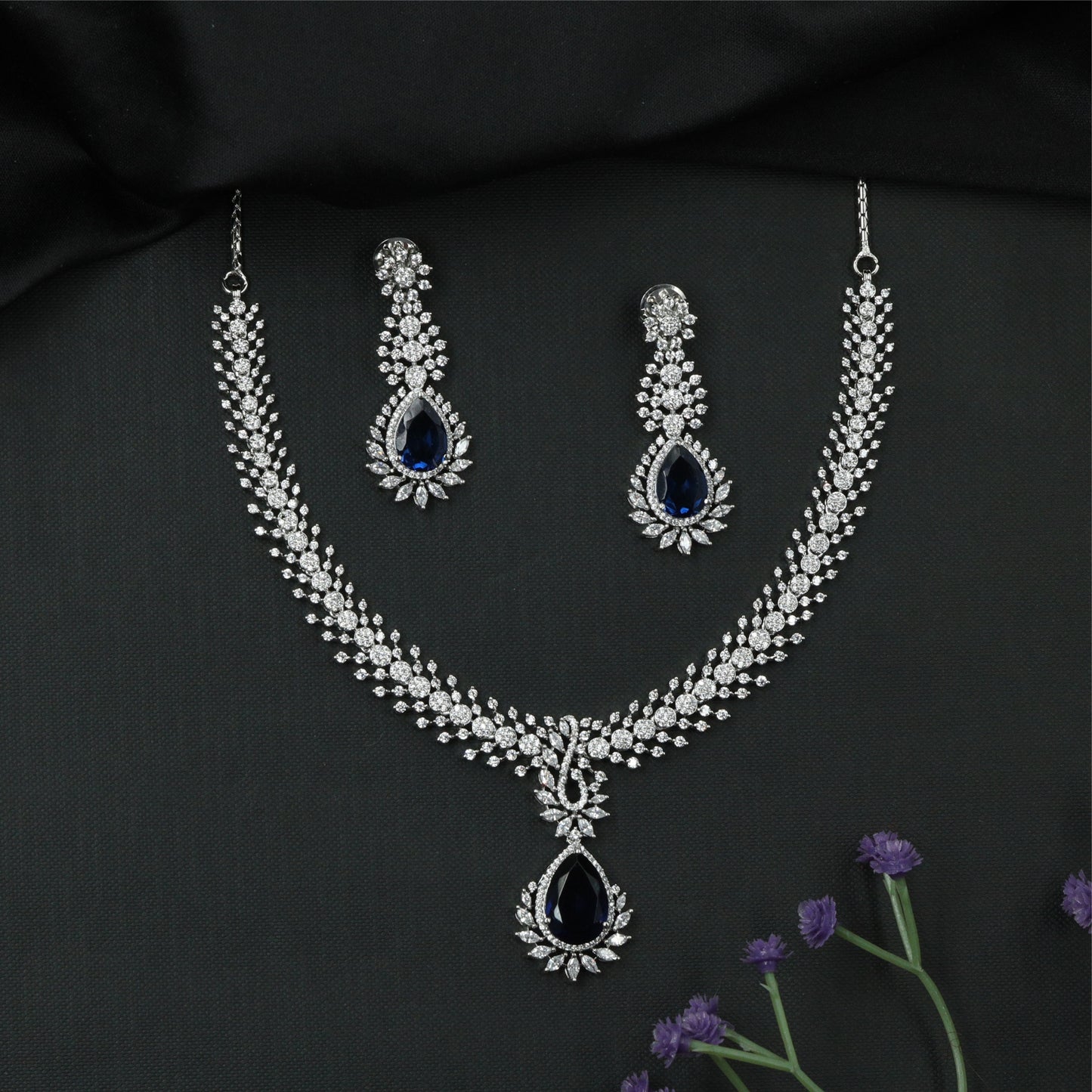 Glissara Curve Necklace with Fine Cluster Rows and Central Hanging Drop