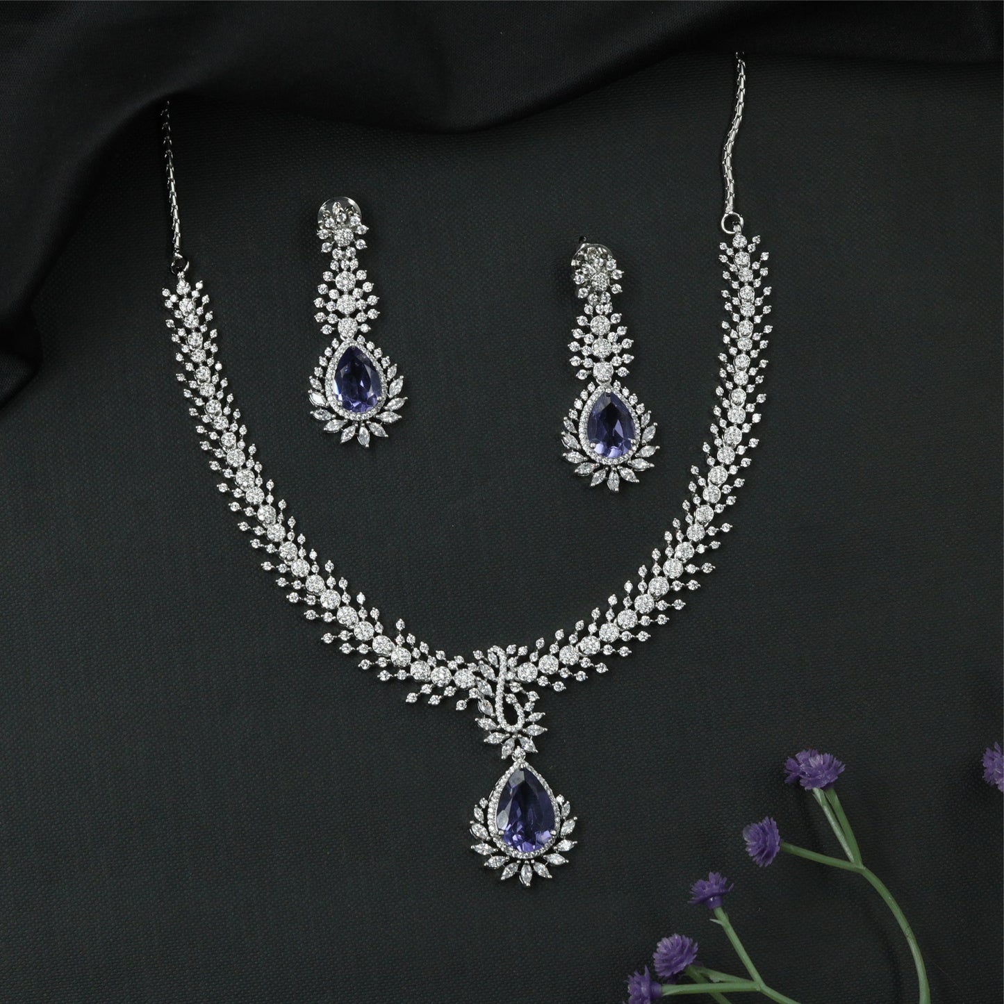 Glissara Curve Necklace with Fine Cluster Rows and Central Hanging Drop