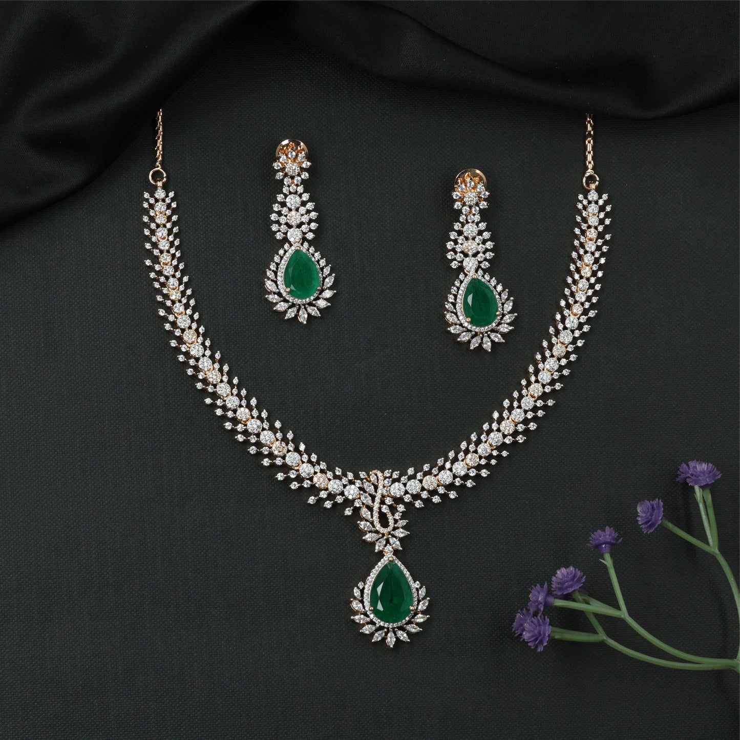 Glissara Curve Necklace with Fine Cluster Rows and Central Hanging Drop