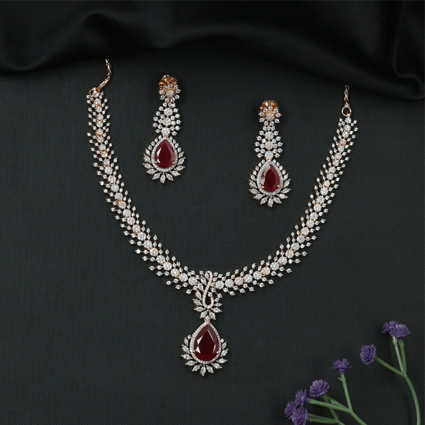 Glissara Curve Necklace with Fine Cluster Rows and Central Hanging Drop