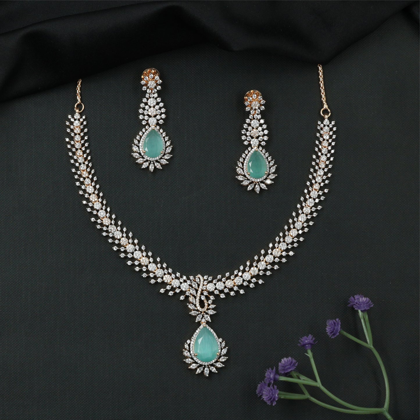 Glissara Curve Necklace with Fine Cluster Rows and Central Hanging Drop