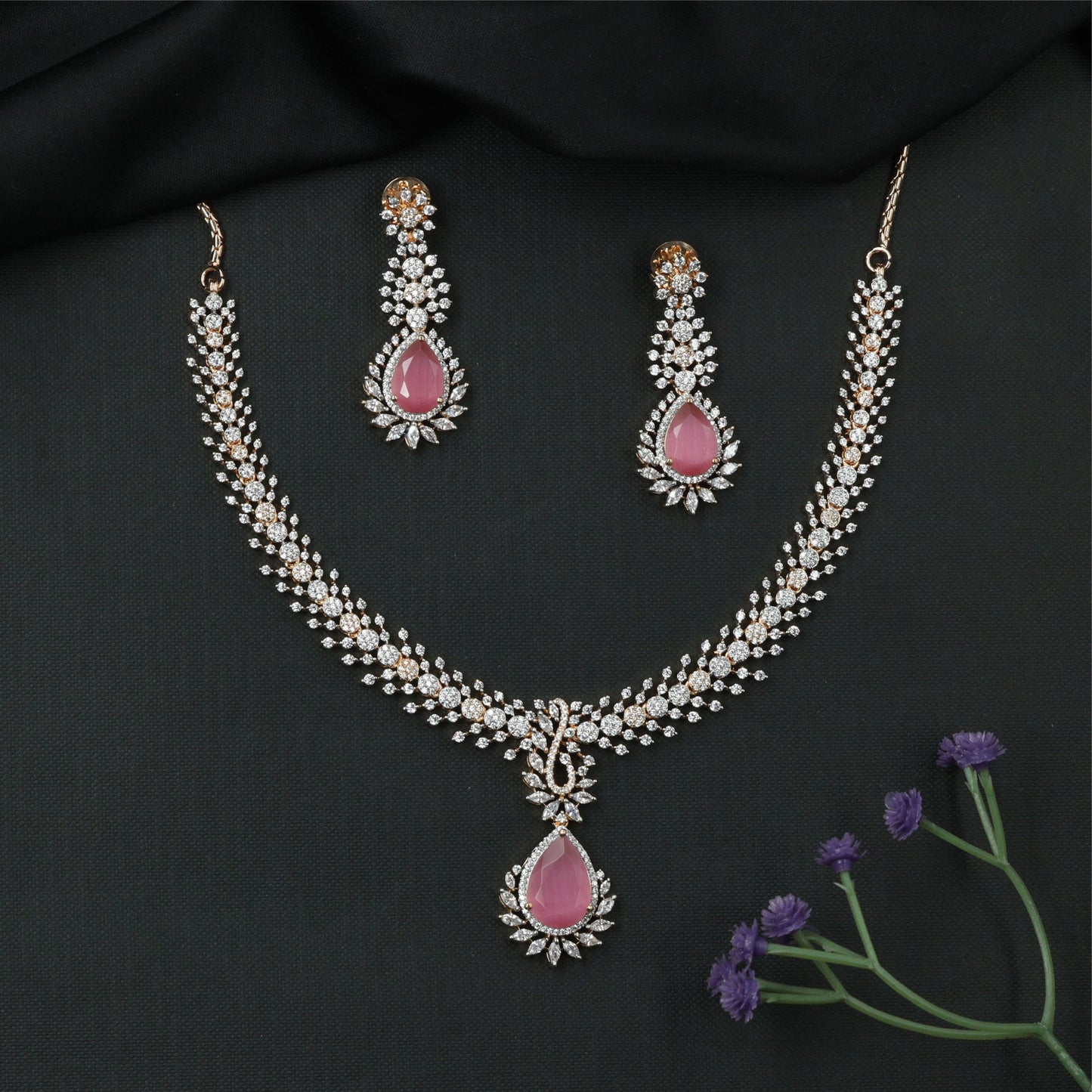 Glissara Curve Necklace with Fine Cluster Rows and Central Hanging Drop
