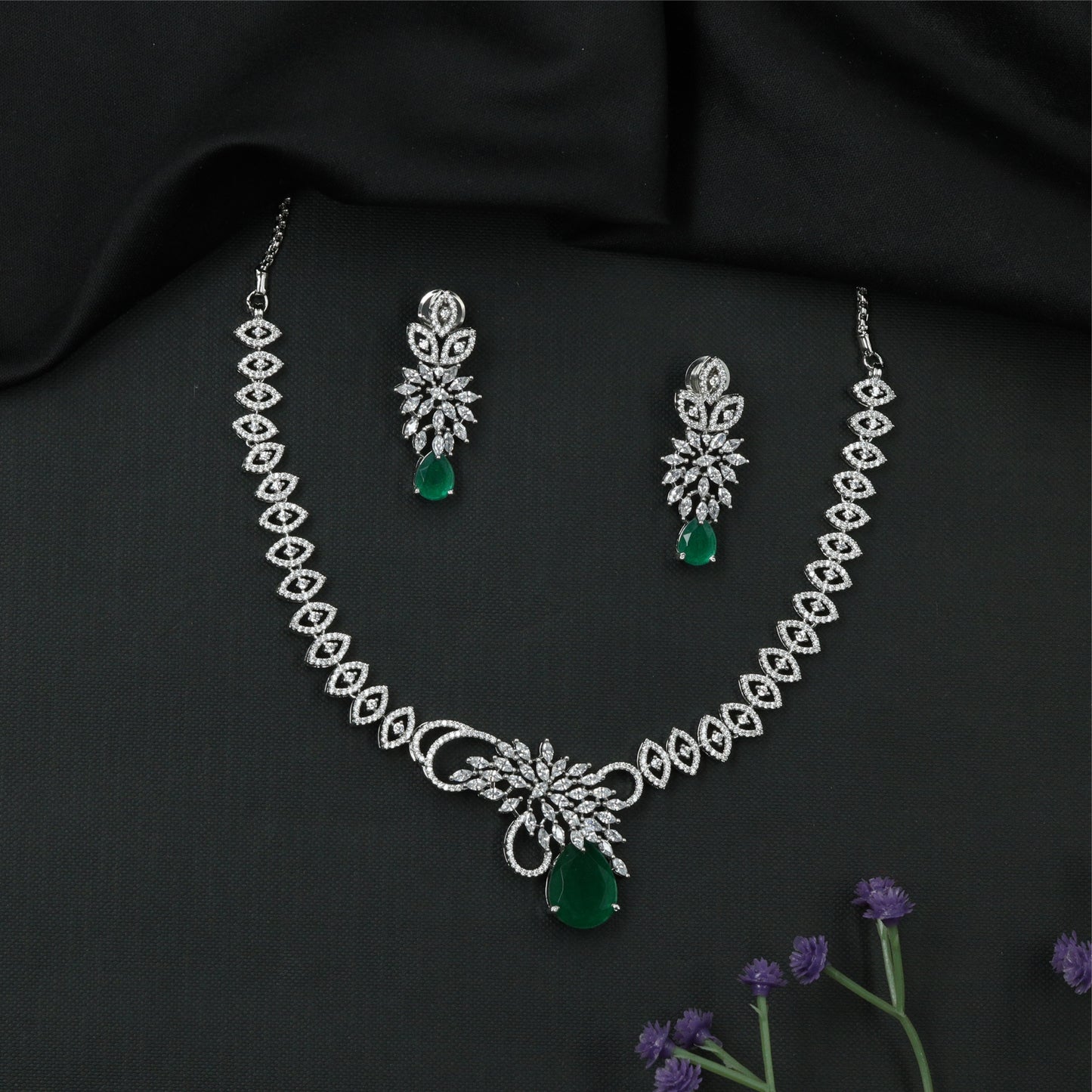 Elegant Marquise Link Rhodium Necklace with Central Floral Cluster Pendant