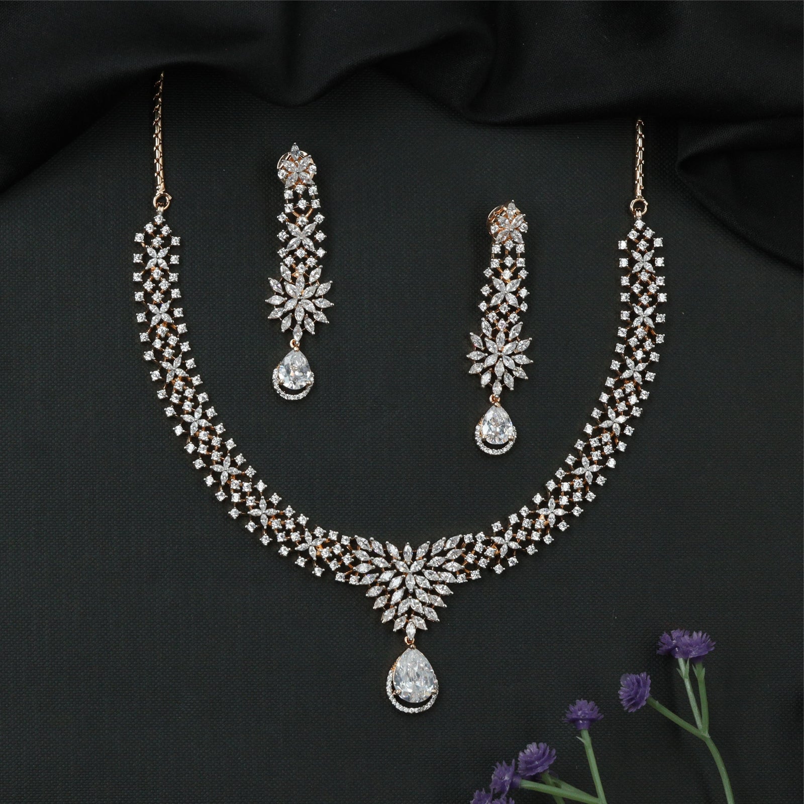 Radiant Cluster GJ Necklace with Premium Floral Center and Drop Pendant