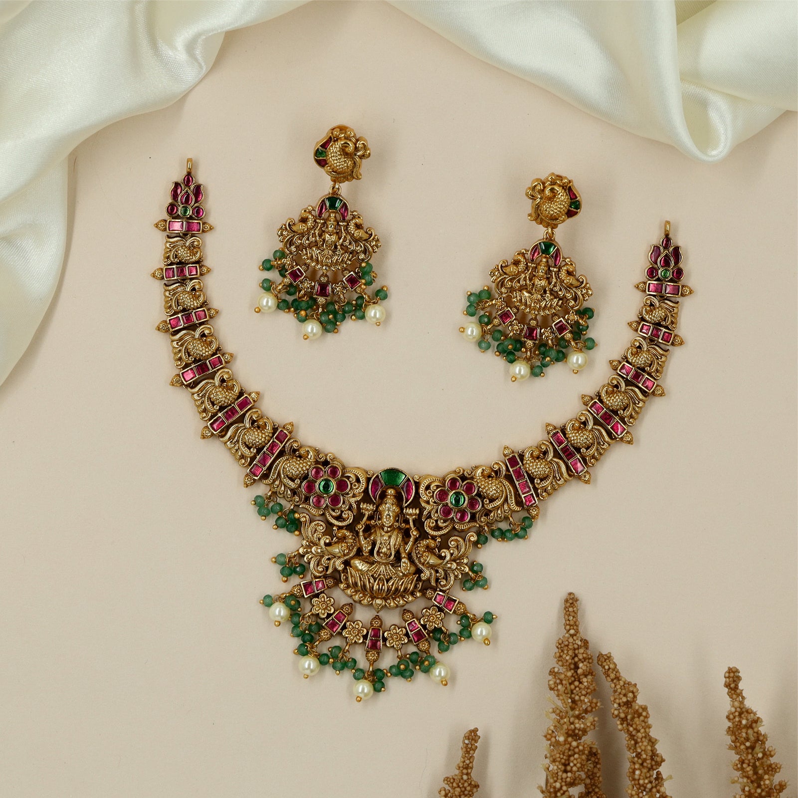 Premium Lakshmi Cutwork Antique Necklace with Fringe Drop Finish