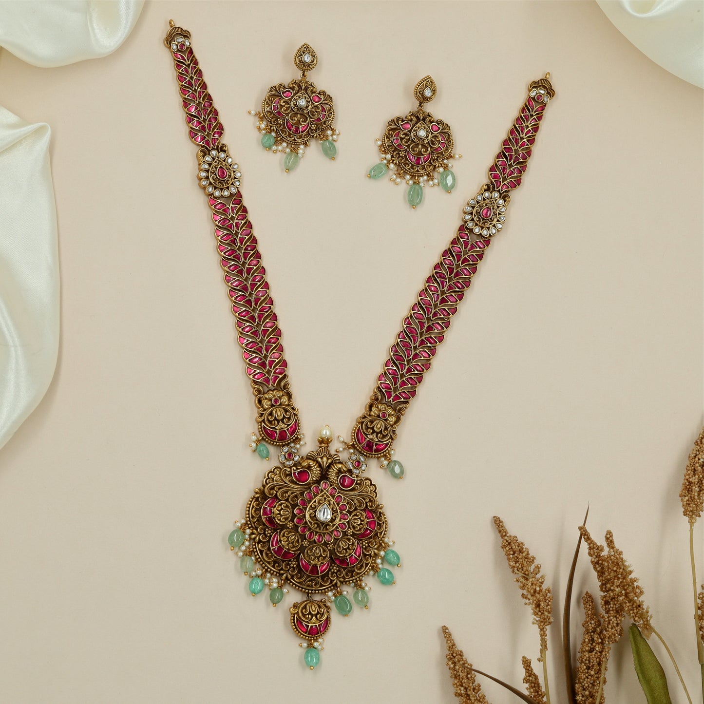 Detailed Peacock Long Haara with Broad Center Pendant