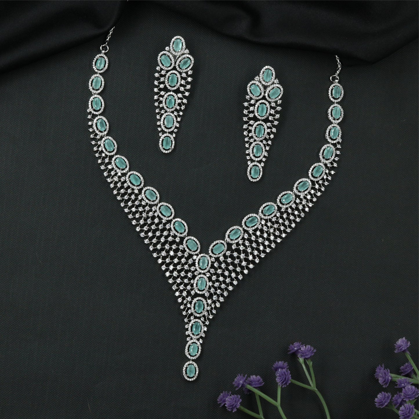 Glorent oval series rhodium necklace with multi row bead structure and drop pendant end
