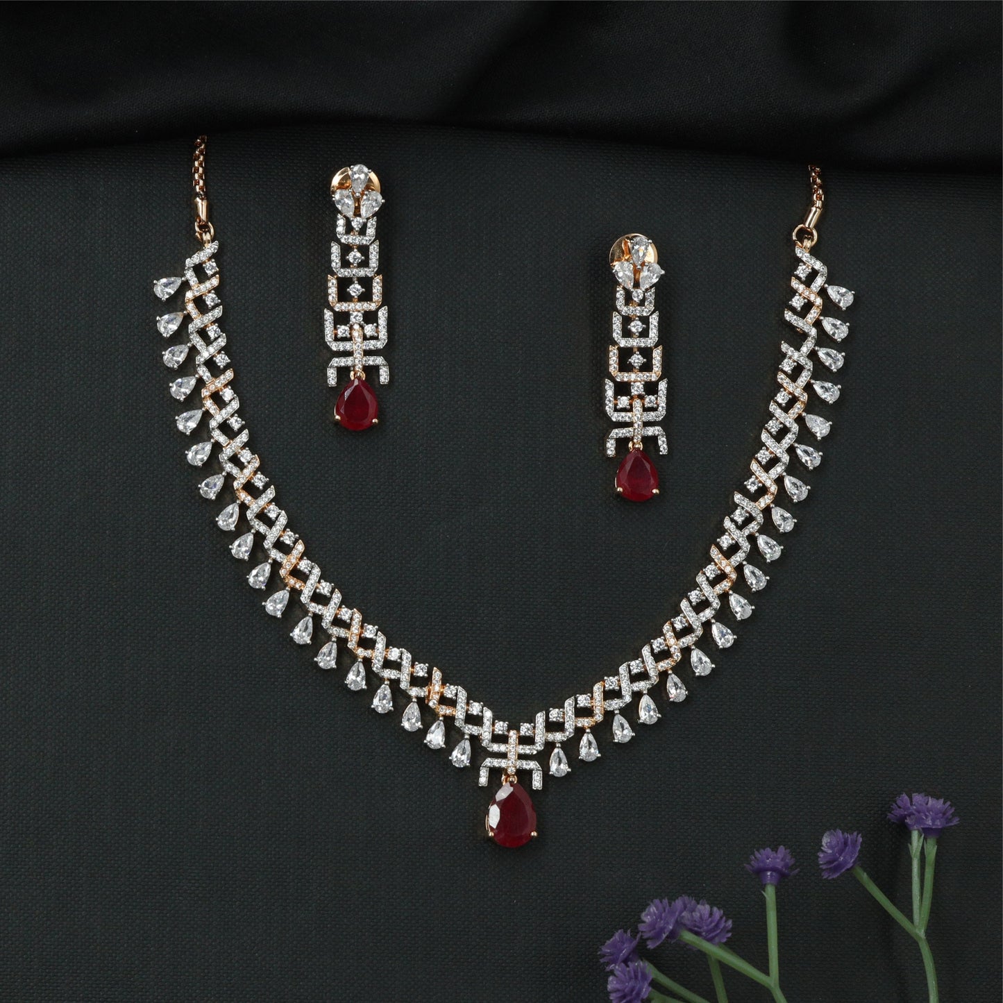 Aster Grid Link Necklace with Interlocked Square Connectors and Hanging Drop Fringe