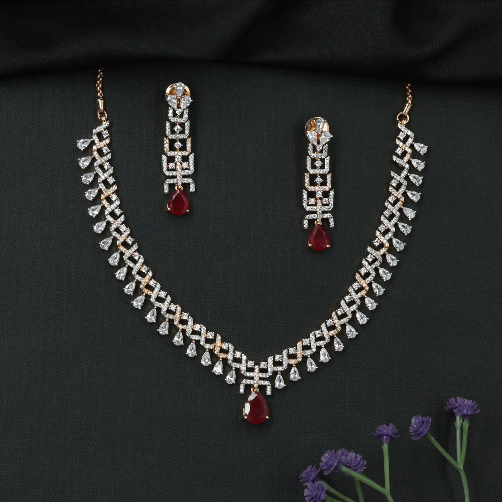 Aster Grid Link Necklace with Interlocked Square Connectors and Hanging Drop Fringe