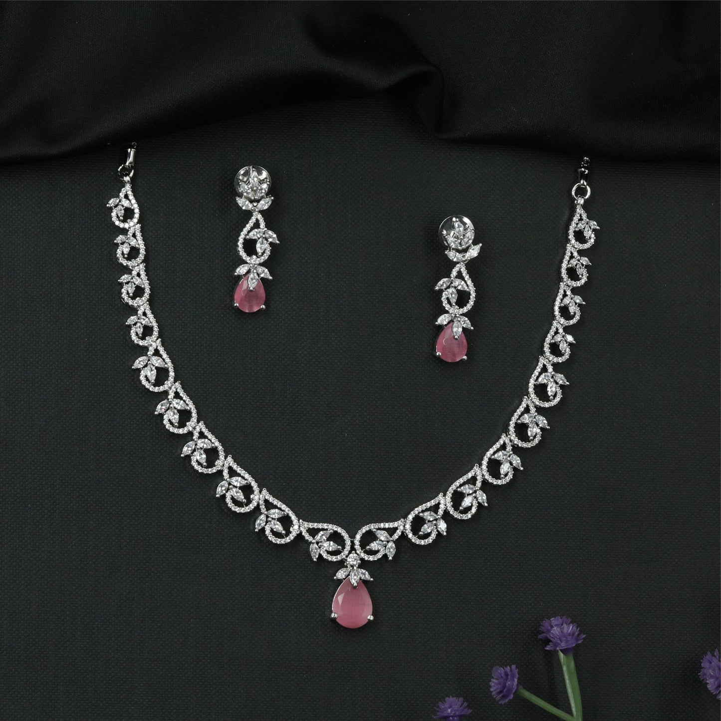 Dovetail Curve Necklace with Interlocked Swirl Connectors and Suspended Drop Element