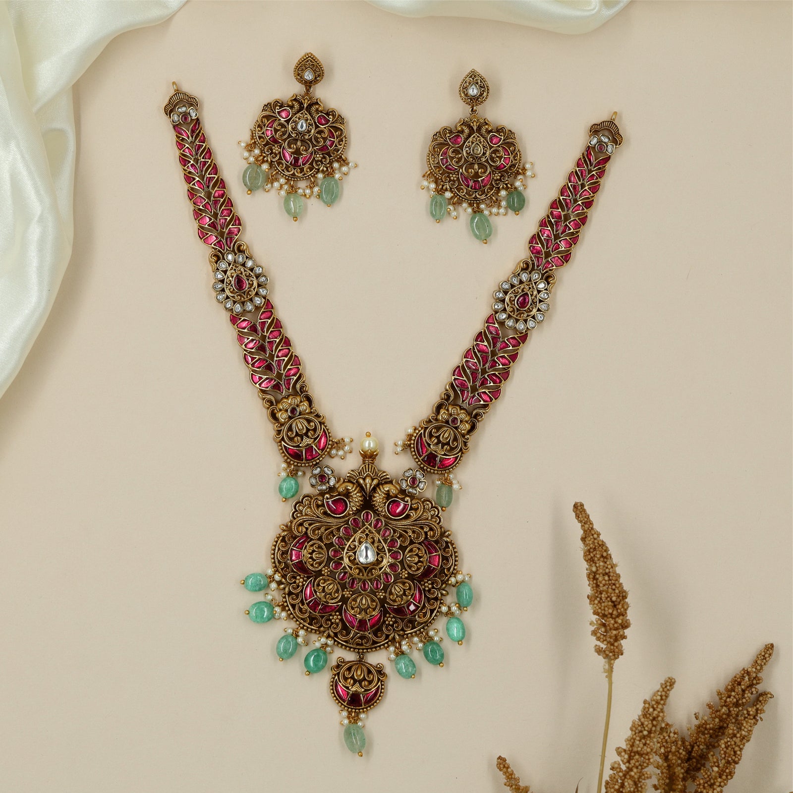 Royal Peacock Panel Antique Necklace with Grand Circular Pendant Drop