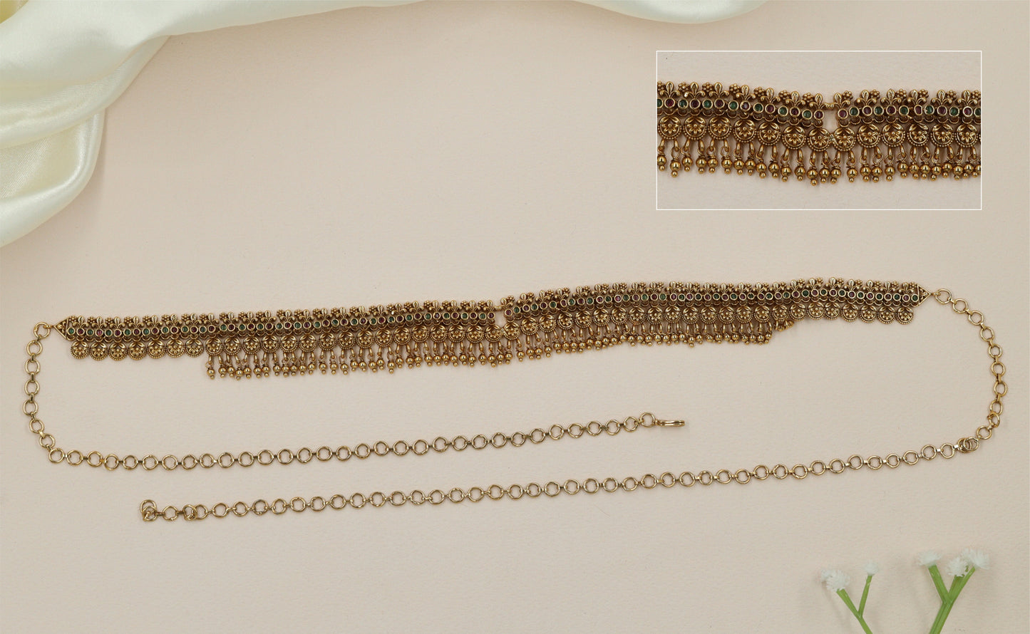 Grand Hanging Antique Waist Belt with Repeating Border Rows