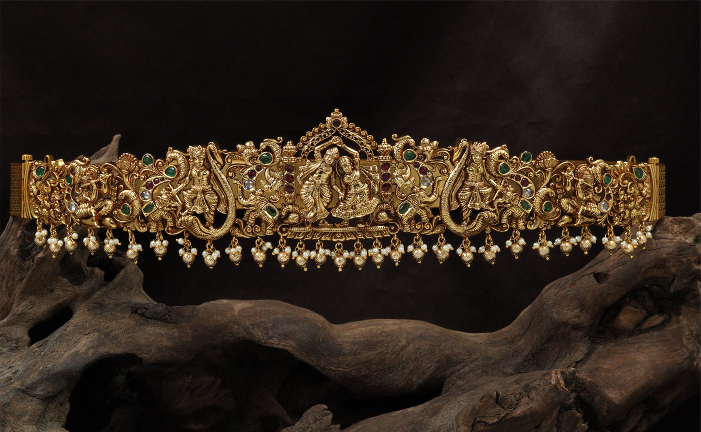 Royal Radha Krishna Antique Dabu with Peacock Side Carvings and Fringe Drops
