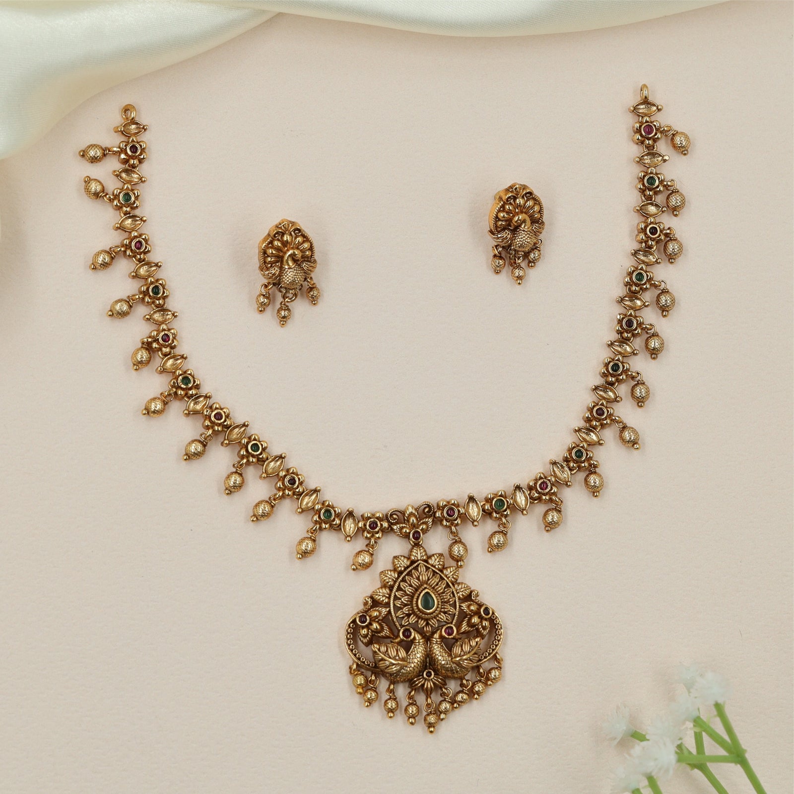 Royal Peacock Antique Necklace with Hanging Drop Pendant Detailing
