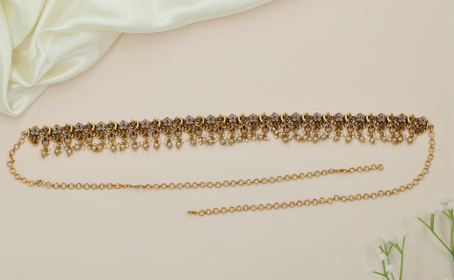 Royal Floral Antique Waist Belt with Hanging Pearl Fringe Detailing