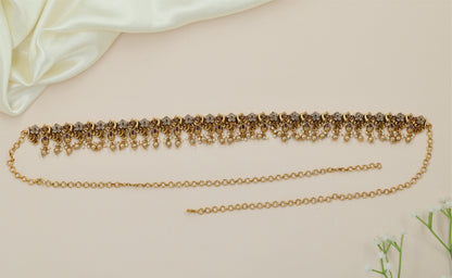Royal Floral Antique Waist Belt with Hanging Pearl Fringe Detailing
