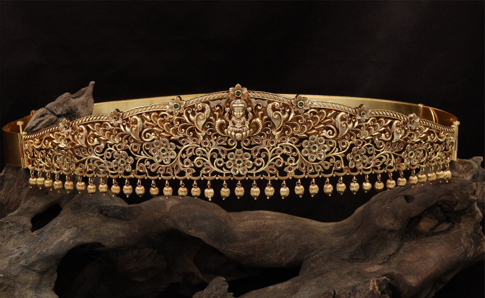 Grand Peacock Antique Dabu with Floral Clusters and Curved Frame