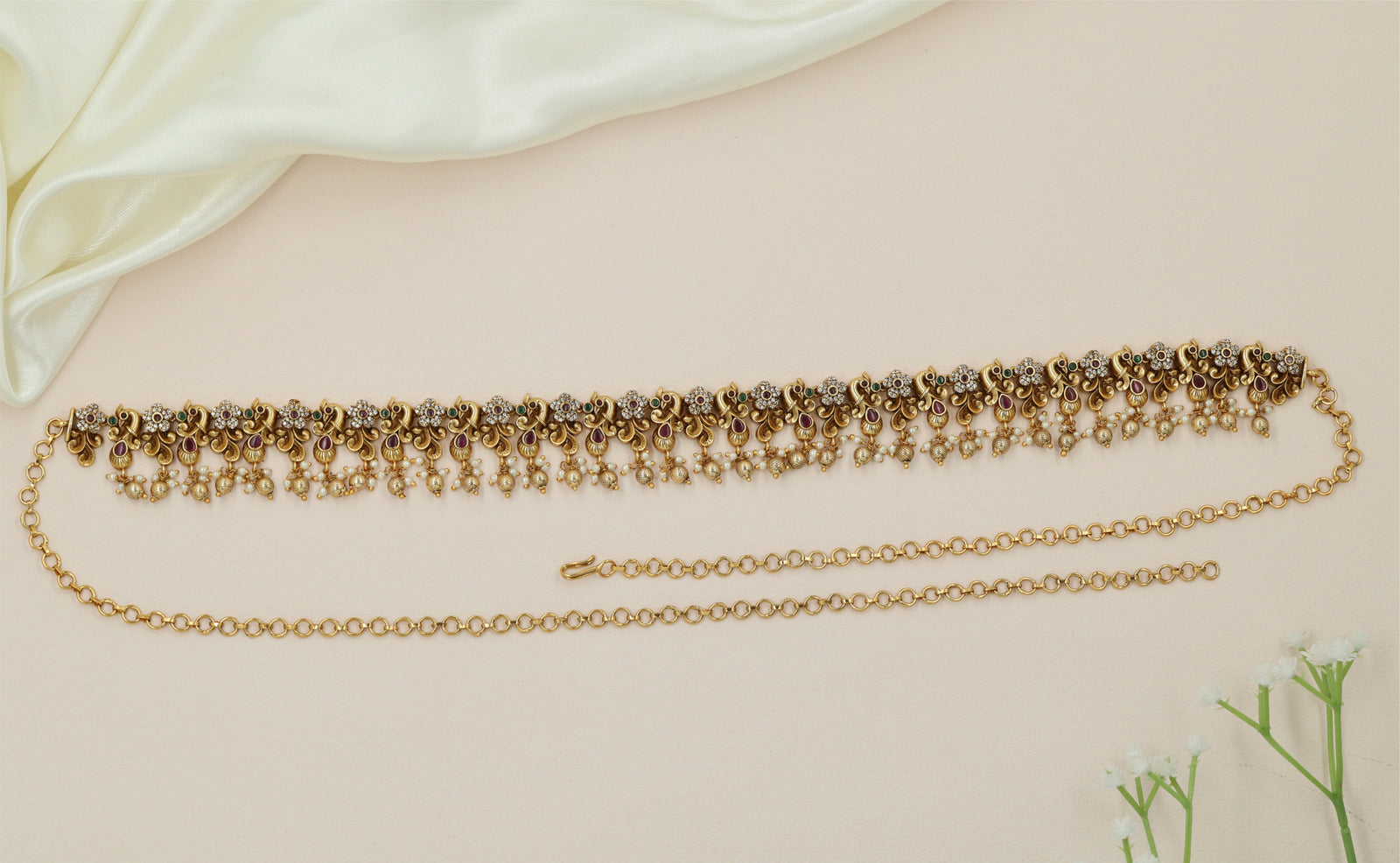 Royal Floral Antique Waist Belt with Hanging Pearl Fringe Detailing