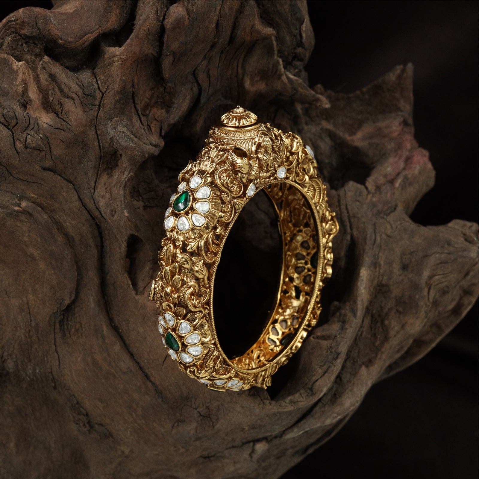 Heritage Floral Antique Kada with Curved Peacock Carvings