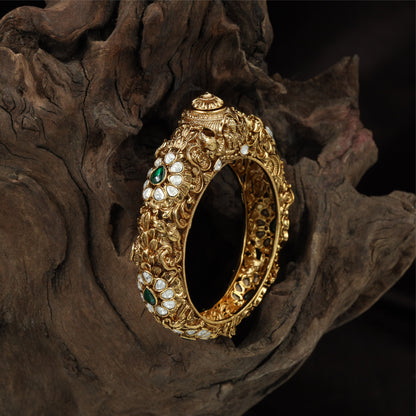 Heritage Floral Antique Kada with Curved Peacock Carvings