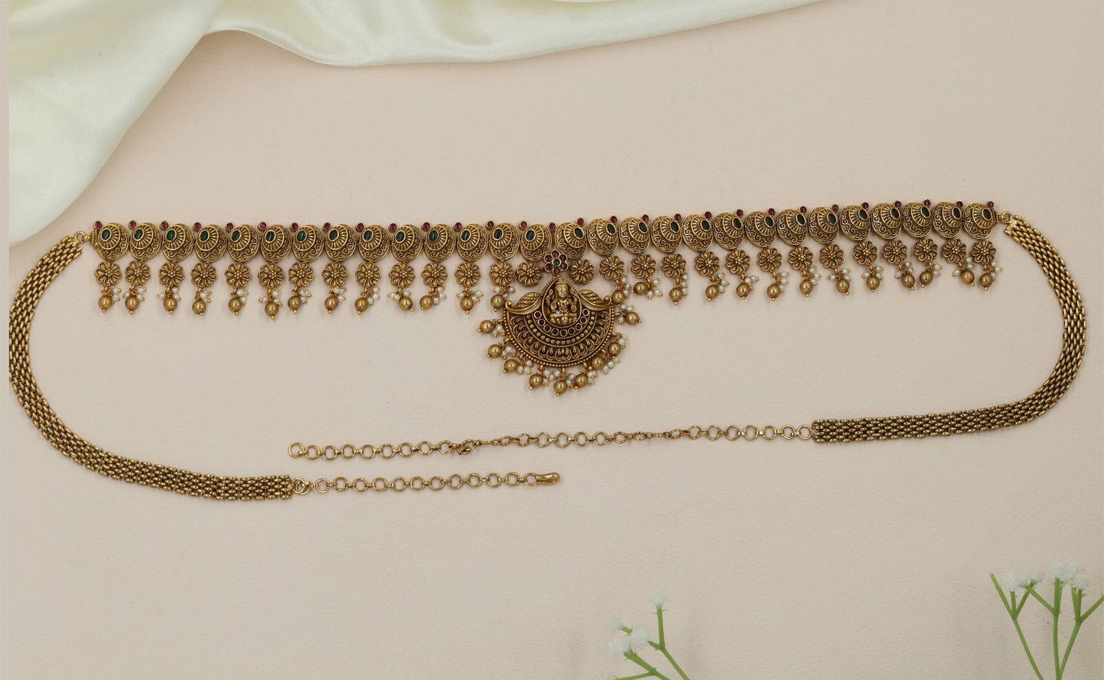 Crescent Lakshmi Antique Waist Belt with Hanging Floral Fringe