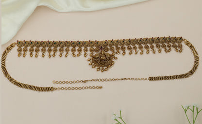 Crescent Lakshmi Antique Waist Belt with Hanging Floral Fringe
