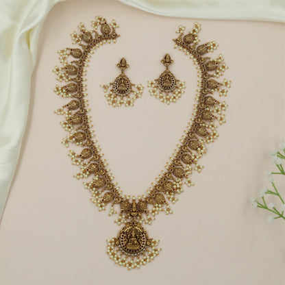 Peacock Paisley Antique Long Hara with Hanging Pearl Clusters