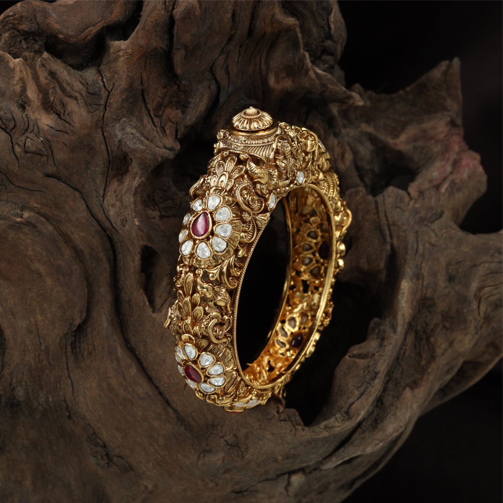 Heritage Floral Antique Kada with Curved Peacock Carvings