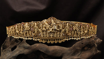 Royal Shiva Parvathi Antique Dabu with Temple Figure Carvings and Fringe Border