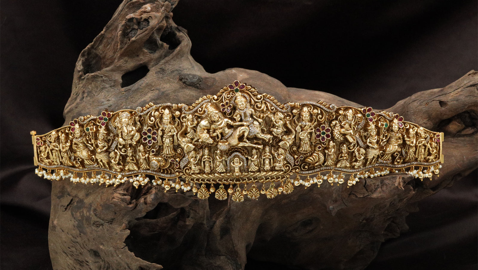 Royal Shiva Parvathi Antique Dabu with Temple Figure Carvings and Fringe Border