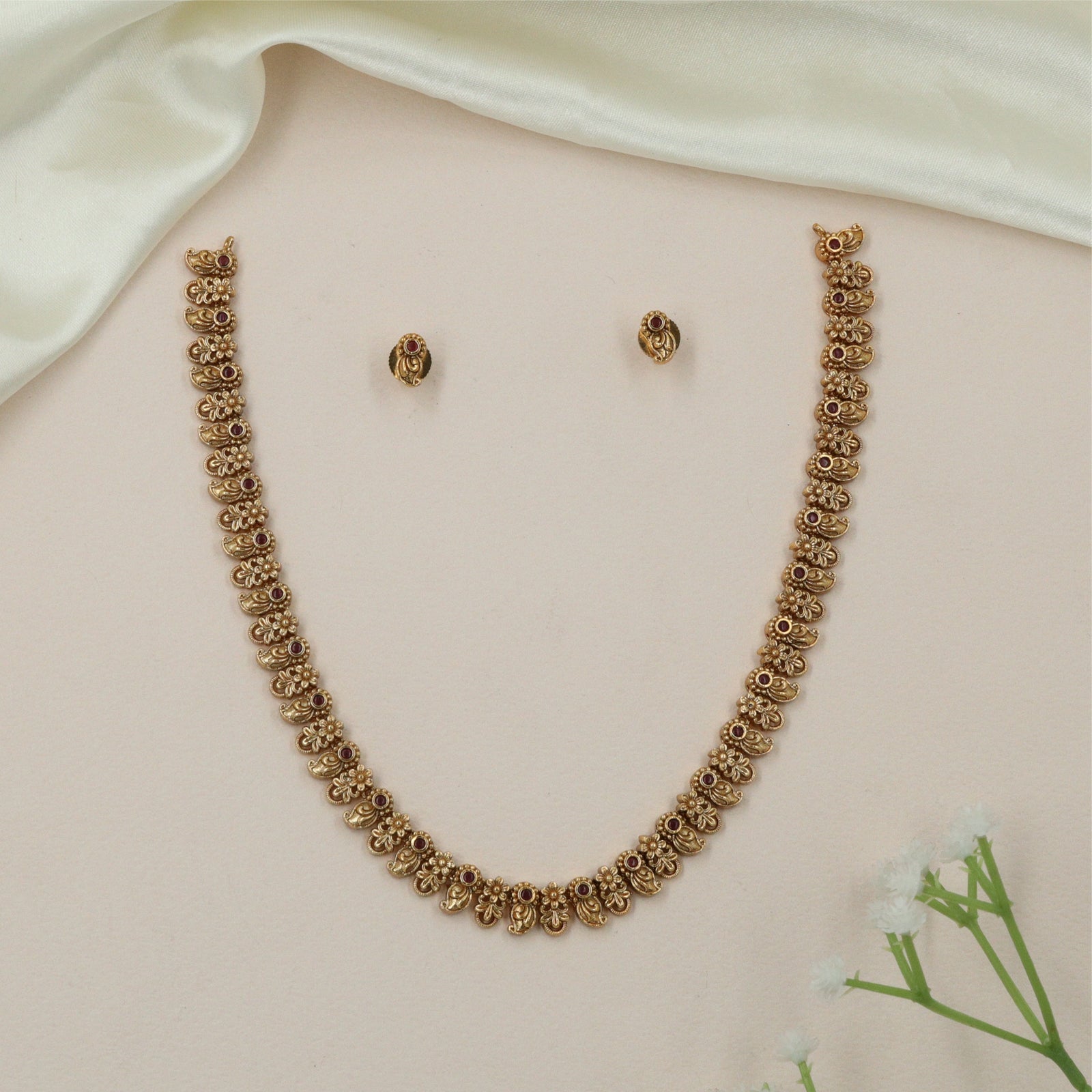 Carved Floral Antique Necklace with Repeating Side Panels